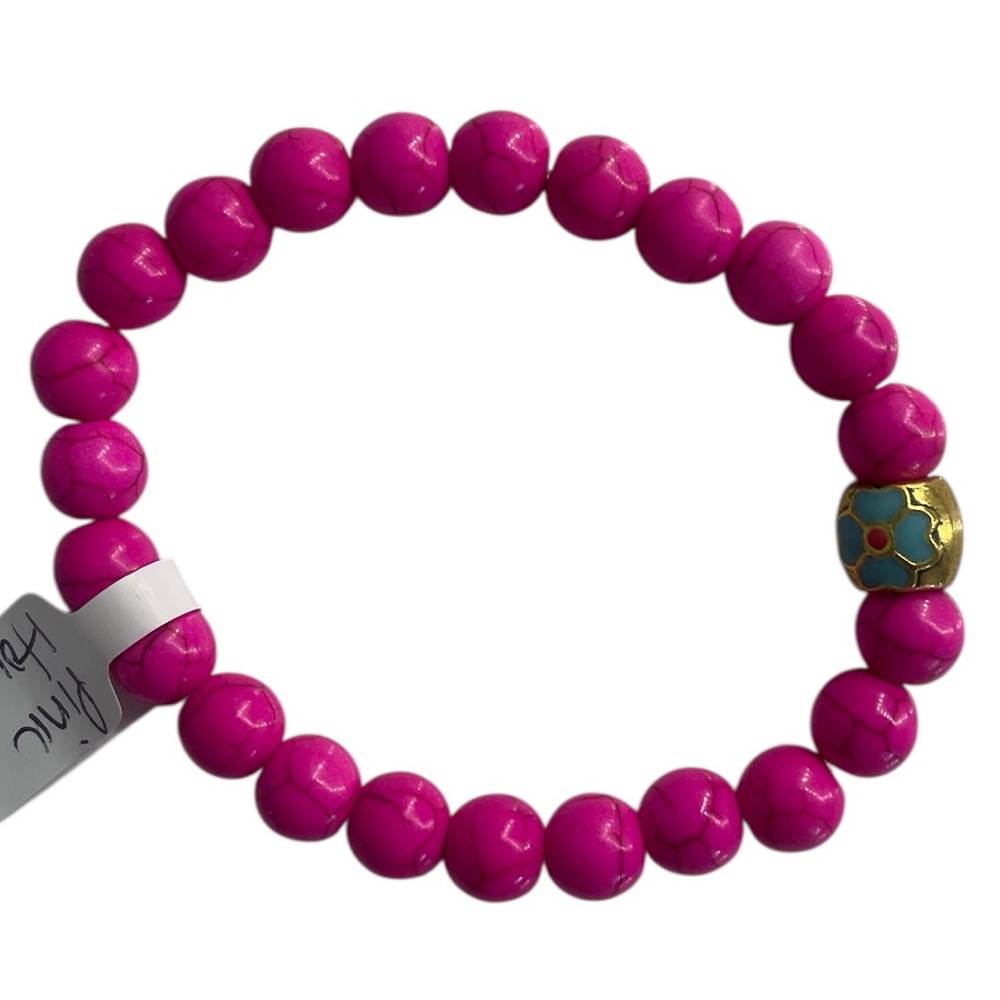 Pink Howlite gemstone bracelet, gold flower center,stretch